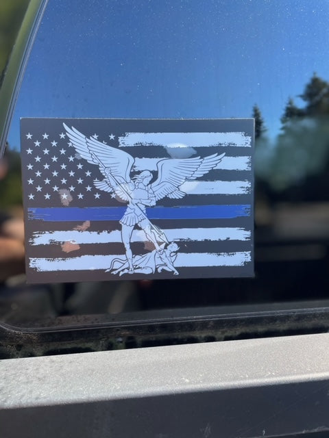 St Michael in front of a Blue Line Flag Sticker